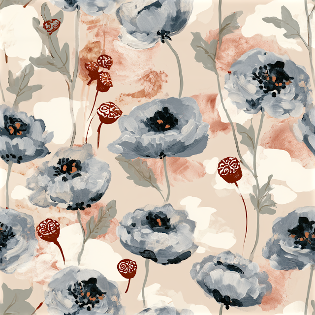 Hand-Painted Floral Pattern with Poppy-Like Flowers