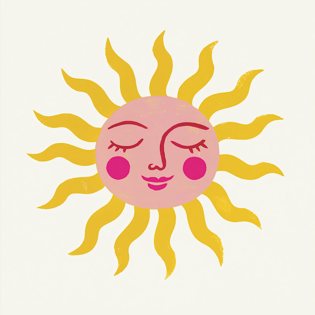 Hand-Painted Retro Sun Illustration with Feminine Face
