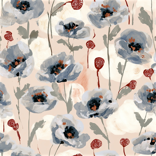 Hand-Painted Seamless Botanical Poppy Pattern