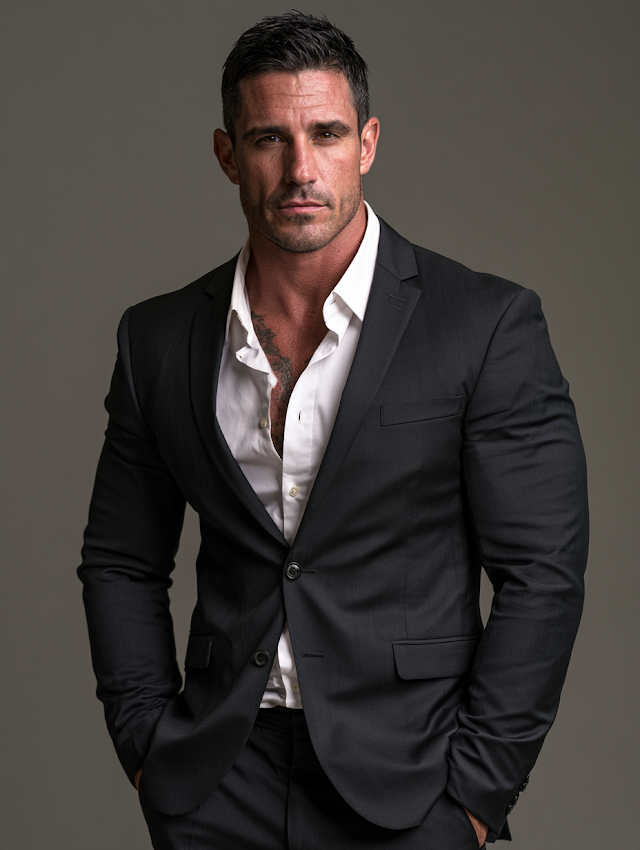 Handsome Muscular Man in Suit with Tattoos