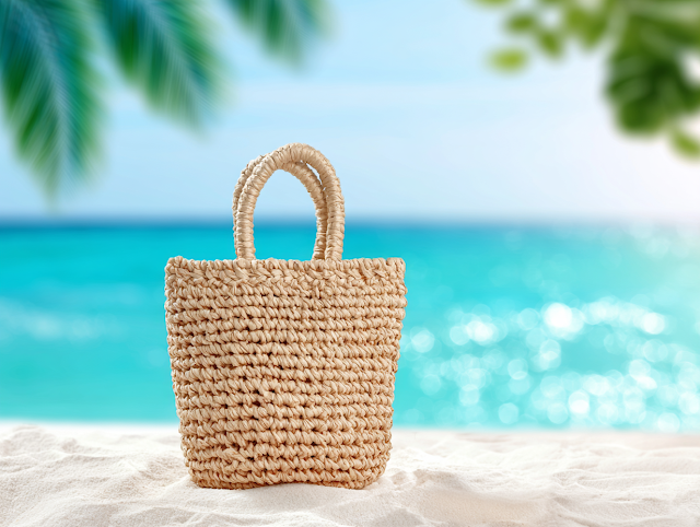 Handwoven Straw Beach Tote Bag on Tropical Sand