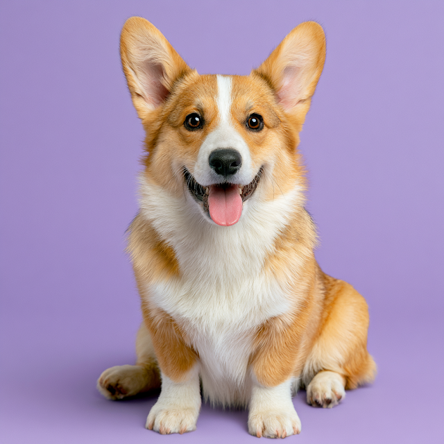 Happy Corgi Dog Portrait on Lavender Background