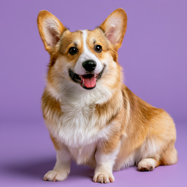 Happy Corgi Dog Portrait on Lavender Background