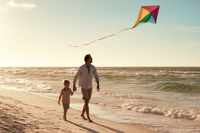 Happy Father and Son Flying a Kite on the Beach