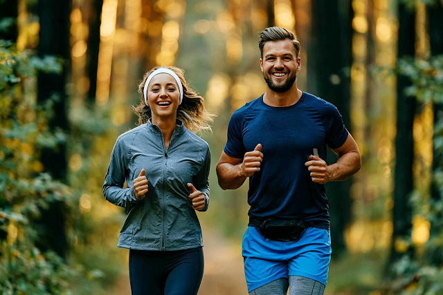 Happy Runners Jogging Together on Forest Trail
