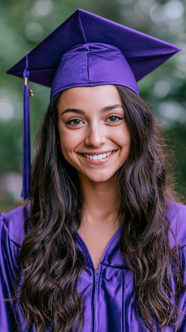 Happy Young Woman Graduation Portrait in Purple Cap and Gown