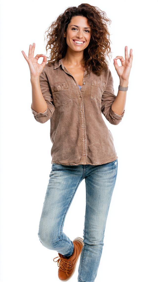Happy Young Woman Making OK Gesture in Casual Outfit