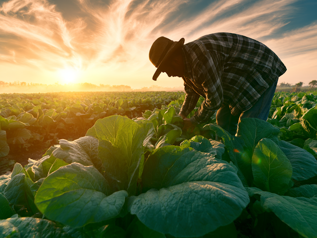 Harvesting at Sunrise in a Lush Green Field