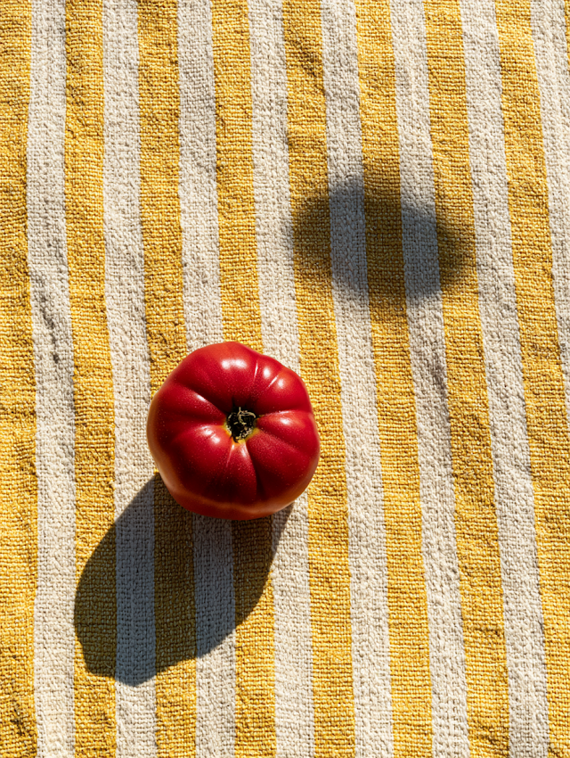 Heirloom Tomato on Striped Fabric