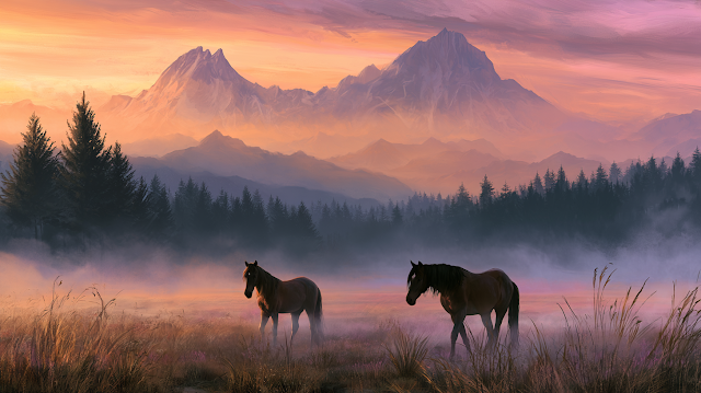 Horses Grazing at Sunset in Serene Landscape