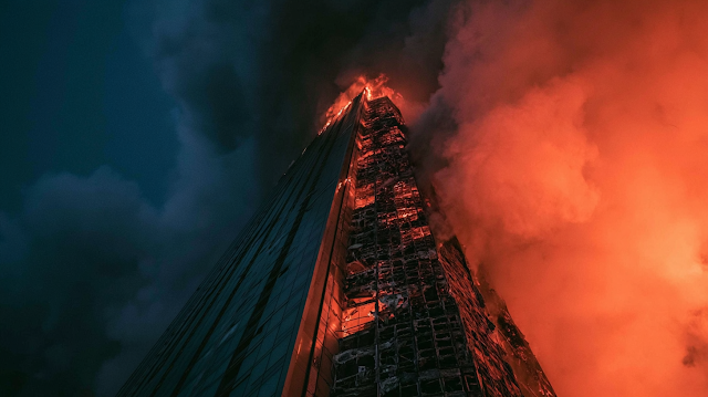 Inferno in the Skyline: A Skyscraper Engulfed in Flames