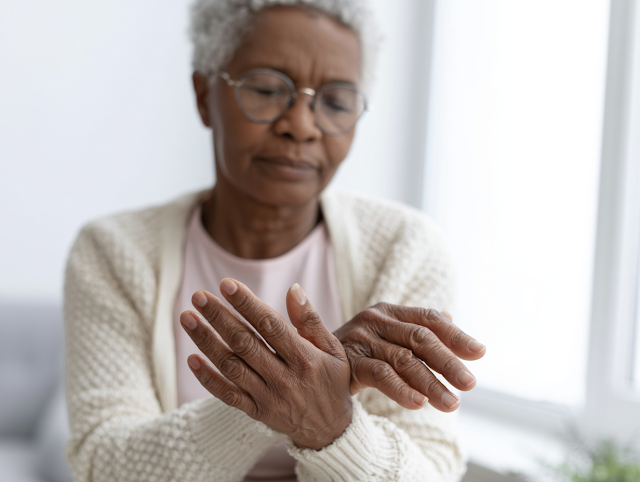 Intimate Wellness Moment: Older Black Woman Caring for Her Hand