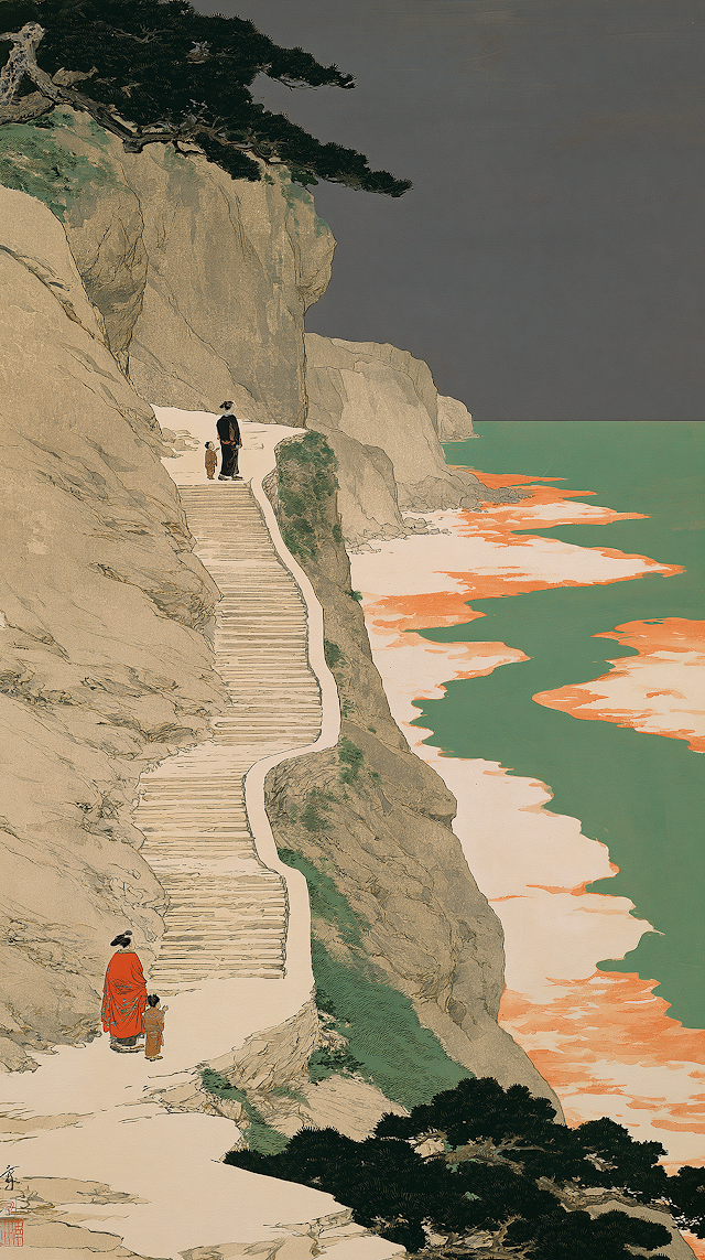 Journey of Mother and Child on a Hilltop Staircase