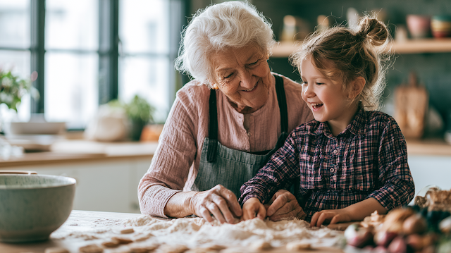 Joyful Baking Moments: Grandmother and Granddaughter