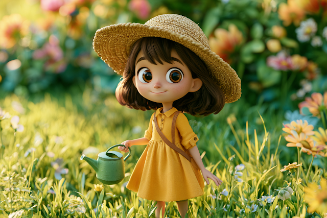 Joyful Cartoon Girl in a Summer Garden
