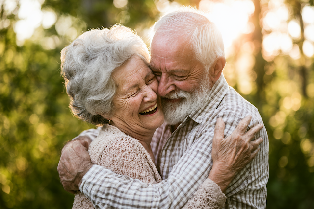 Joyful Embrace of a Senior Couple in a Sunlit Park