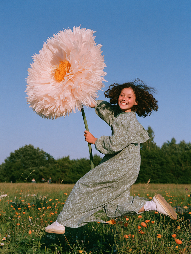 Joyful Girl with Giant Pink Flower in Spring Park