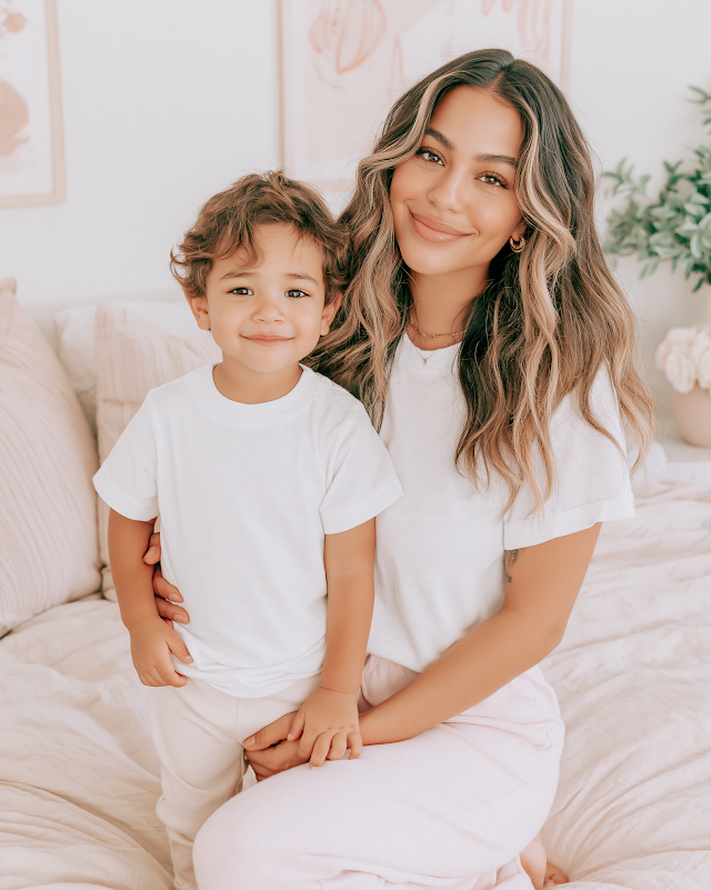 Joyful Mother and Child Duo in Minimalist Home Setting