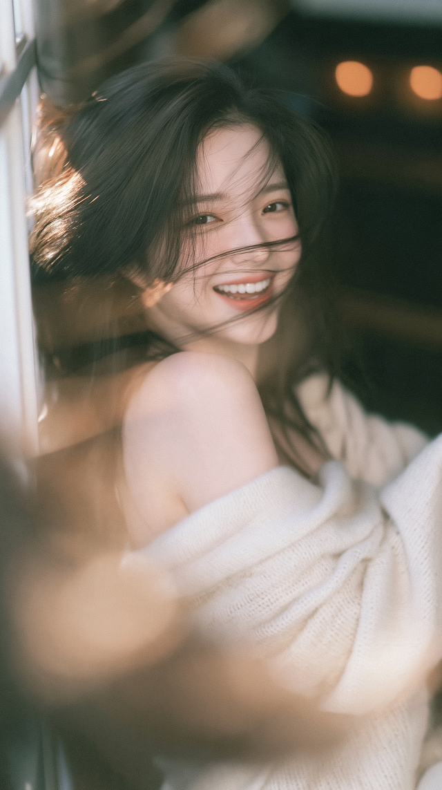 Joyful Portrait of a Young East Asian Woman in Soft Lighting