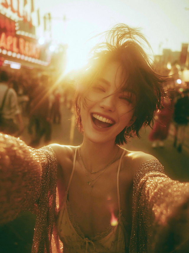 Joyful Young Woman Embracing the City Festival Atmosphere