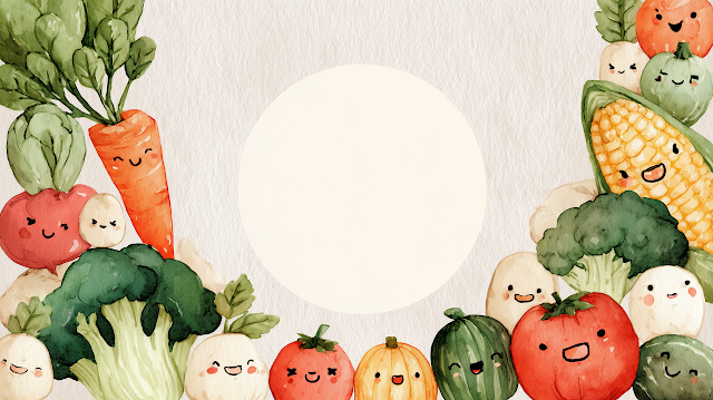 Kawaii Vegetable Characters with Empty Center Circle