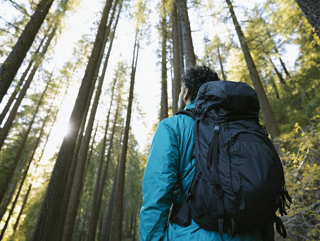 Lone Hiker in Serene Pine Forest