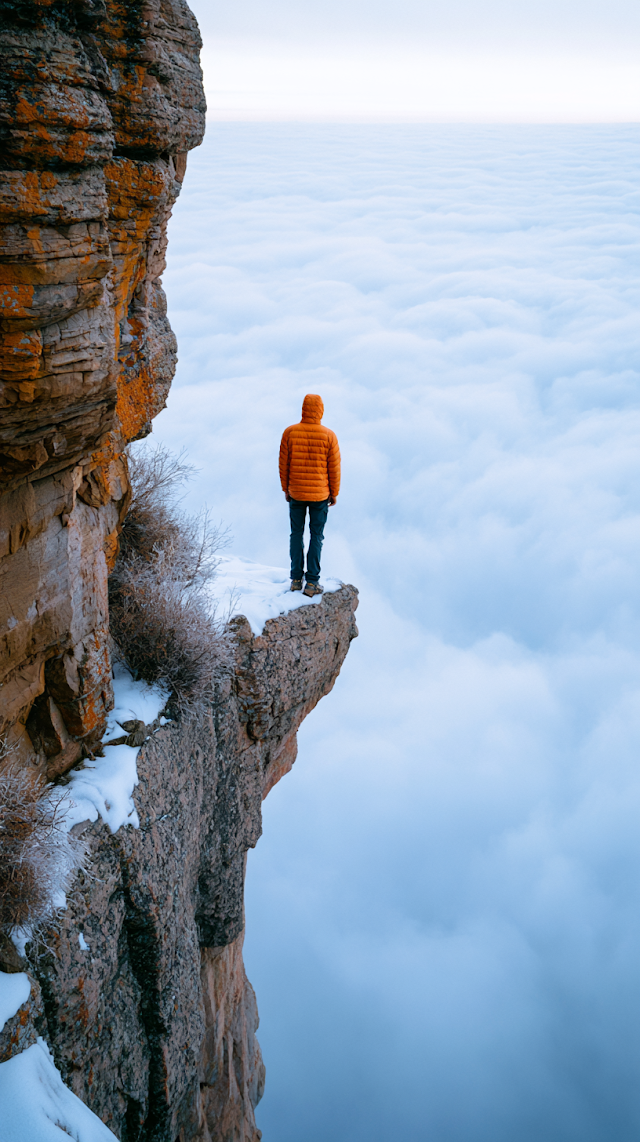 Lone Hiker on Cliff Overlooking Sea of Clouds