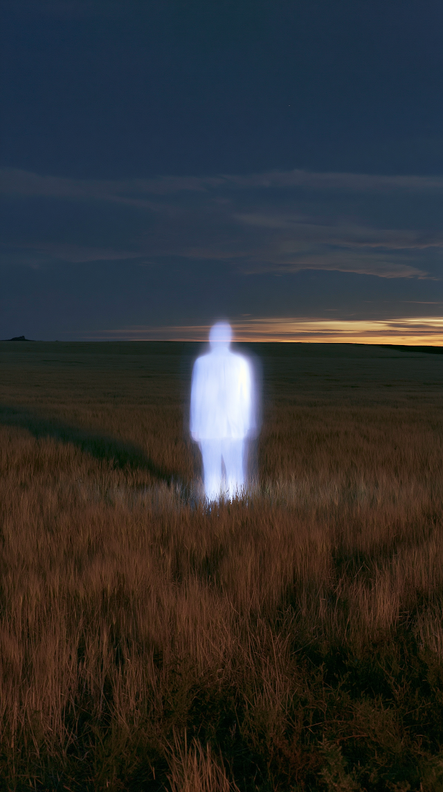 Luminous Figure in Expansive Wheat Field at Dusk