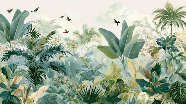 Lush Tropical Botanical Mural Illustration