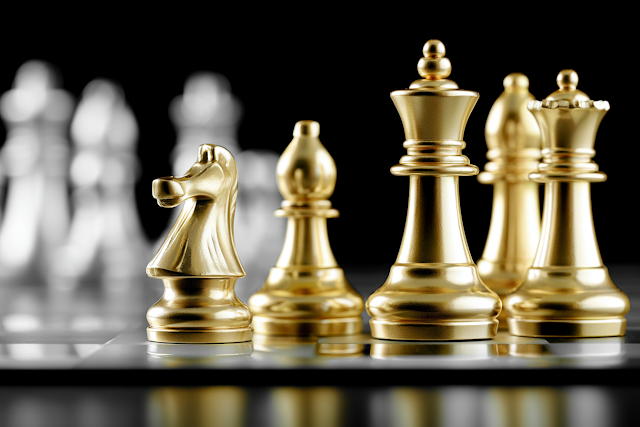 Luxurious Golden Chess Pieces on Glossy Board