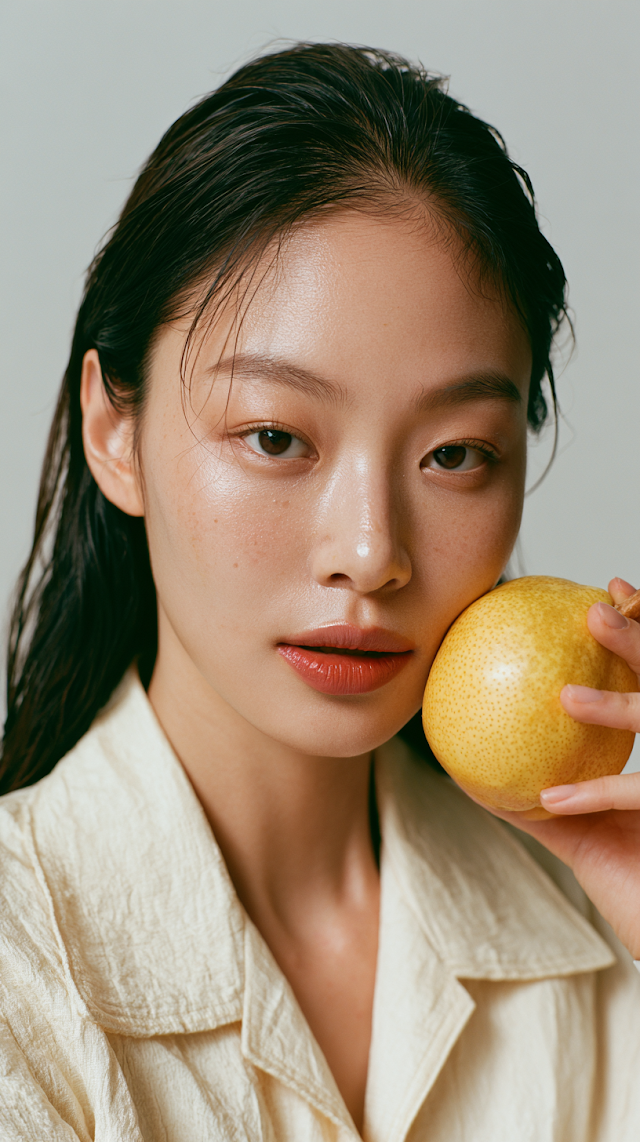 Luxurious Korean Fashion Portrait with Pear
