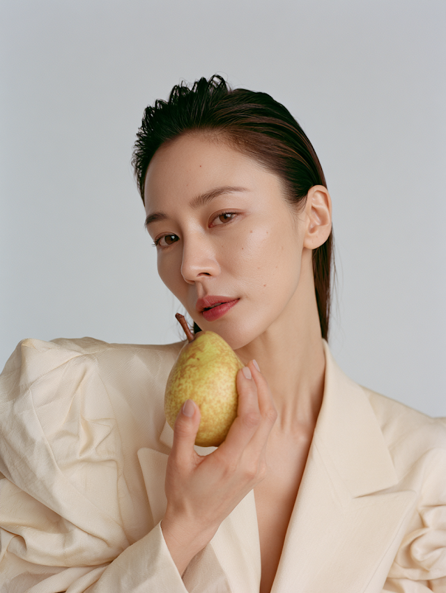 Luxury Fashion Portrait of a Korean Woman with Pear