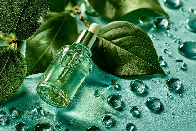 Luxury Skincare Serum Bottle with Green Leaves and Water Droplets