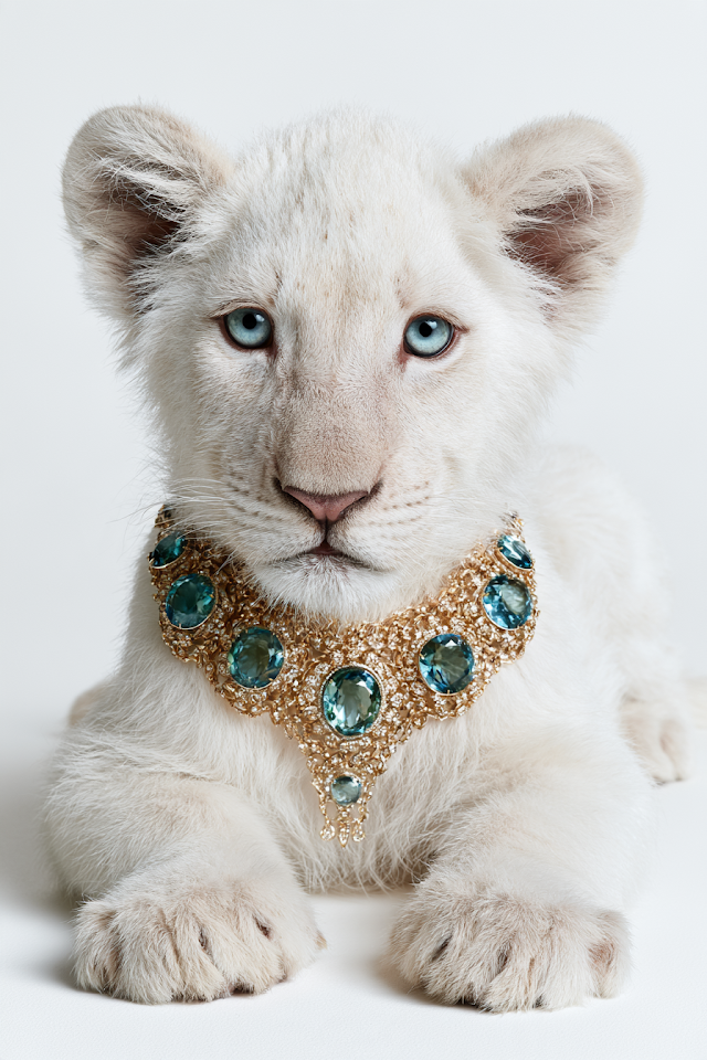 Luxury White Lion Cub Adorned with Gemstone Necklace