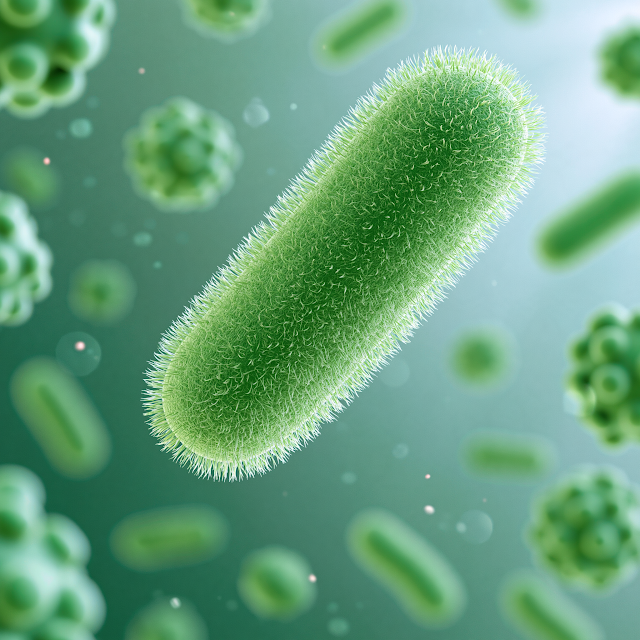 Macro Electron Micrograph of Green Rod-Shaped Bacterium