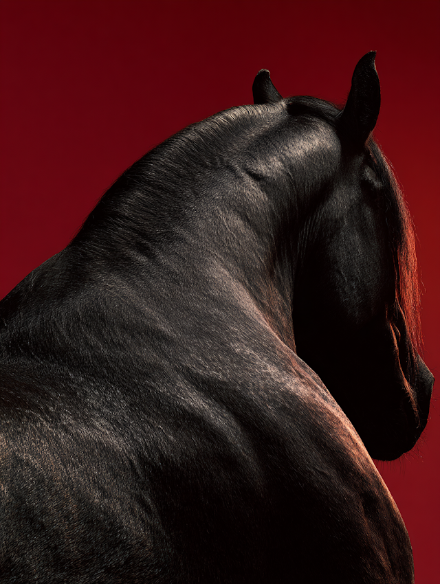 Majestic Black Friesian Horse Against Deep Red Background