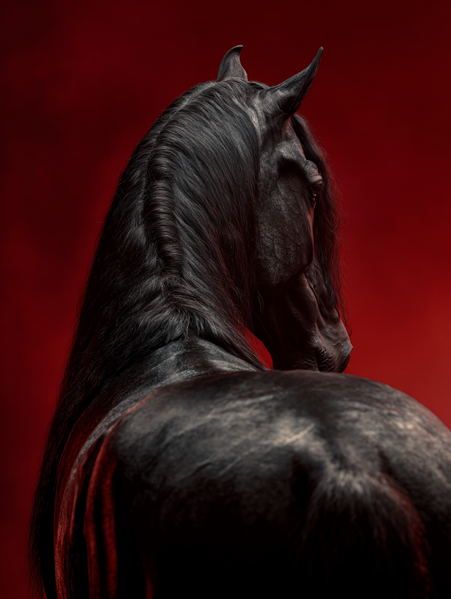 Majestic Black Friesian Horse in Dramatic Red Background