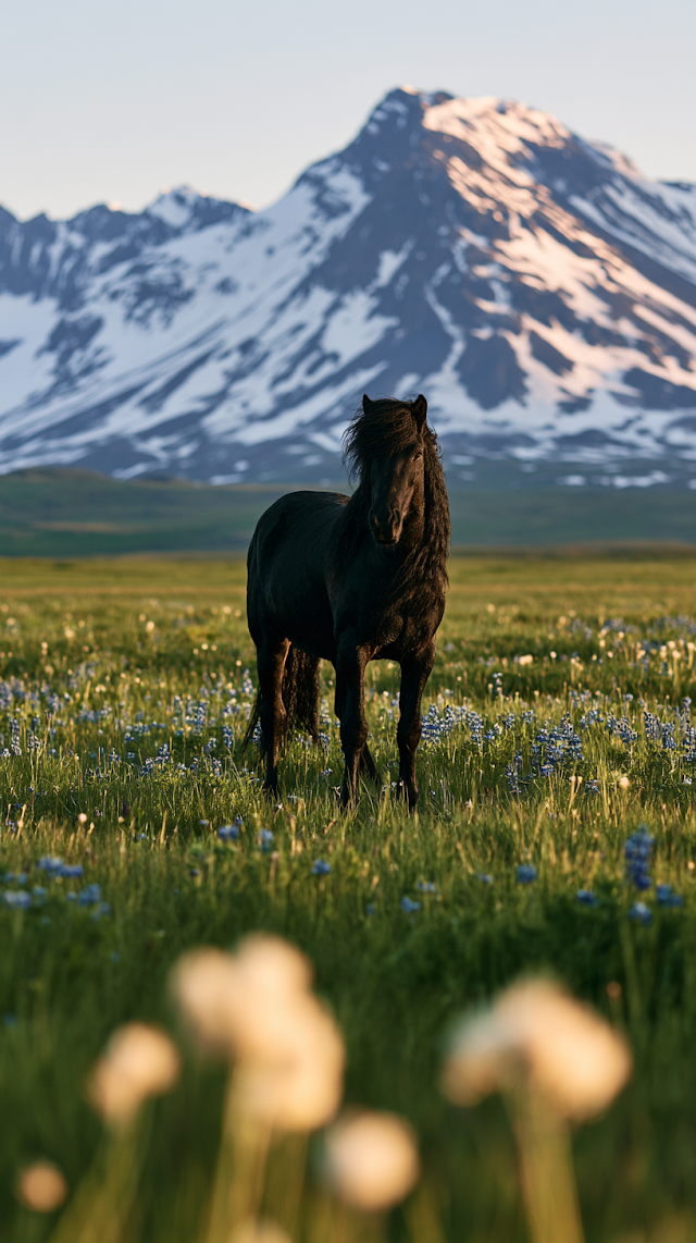 Majestic Black Horse in Alpine Meadow
