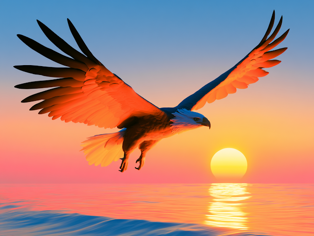 Majestic Eagle Soaring Above the Ocean at Sunset