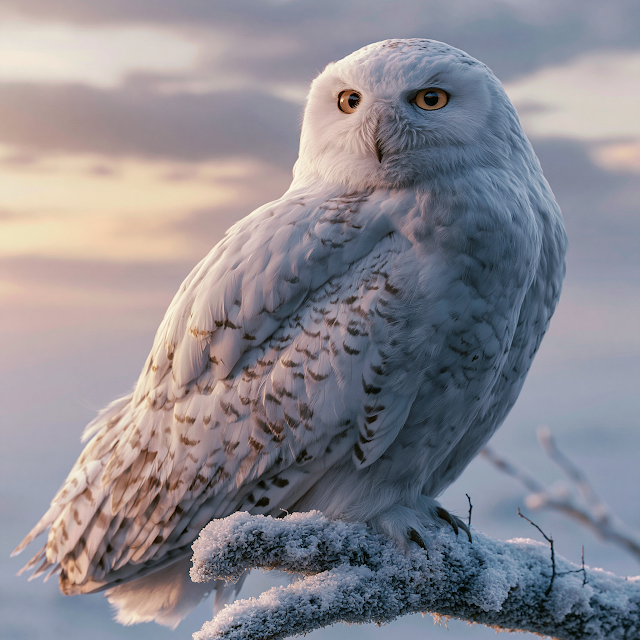 Majestic White Owl on Snowy Branch at Dawn