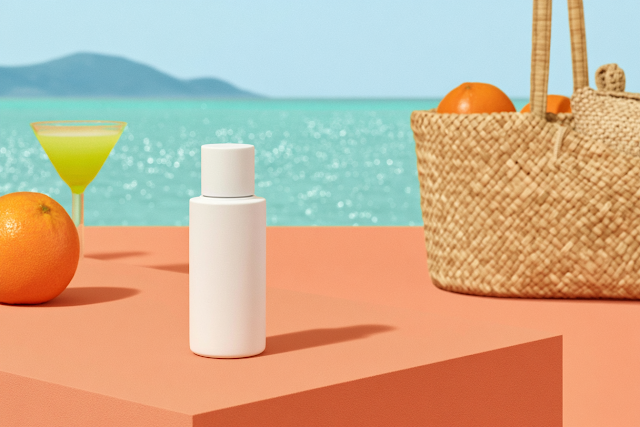 Minimal Summer Beach Still Life with Sunscreen and Tropical Cocktail