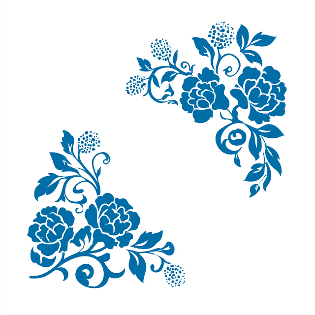 Minimal Vector Floral Ornament with Stylized Blue Flowers