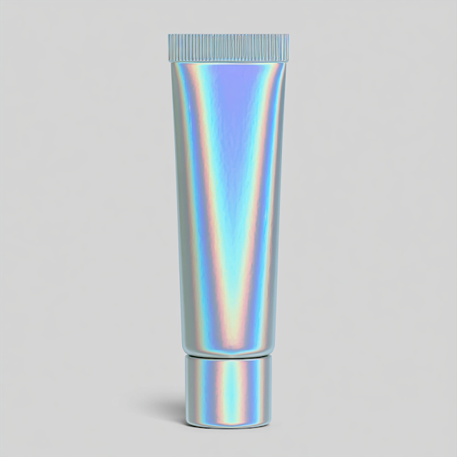 Minimalist Iridescent Cosmetic Squeeze Tube on Light Gray Background