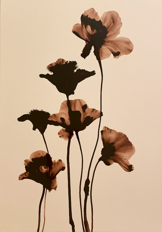 Minimalistic Brown Flower Silhouettes on Beige Background