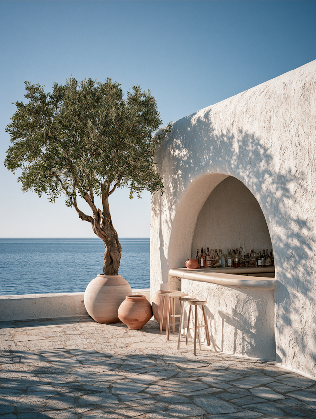 Modern Cycladic Open-Air Cafe with Olive Tree