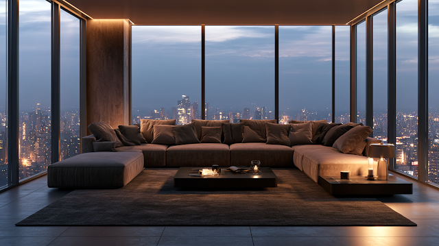 Modern Luxury Living Room with City Skyline View