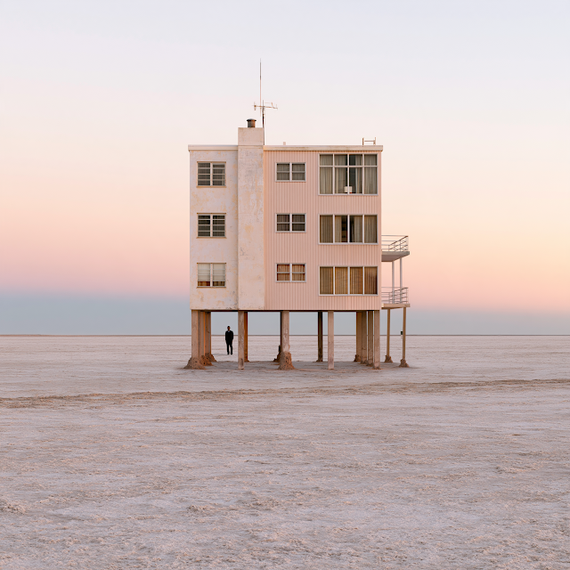 Modernist Residential Building on Pilotis in Pastel Desert Landscape