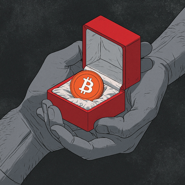 Monochrome Hands Offering Cryptocurrency Engagement Ring