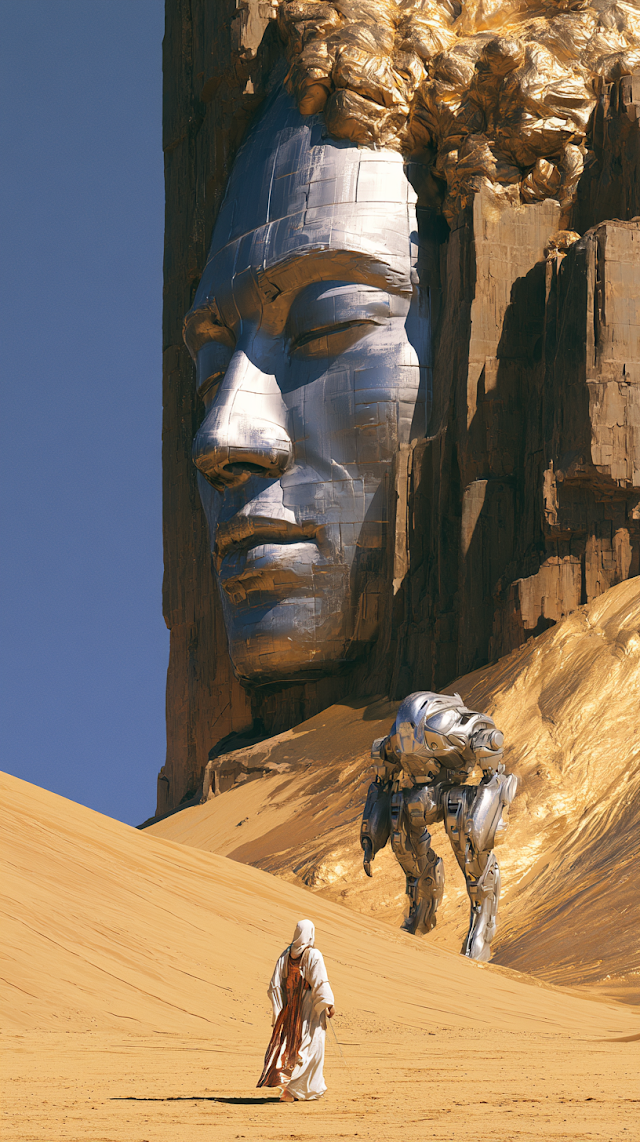 Monumental Chrome Sculpture in a Sci-Fi Desert