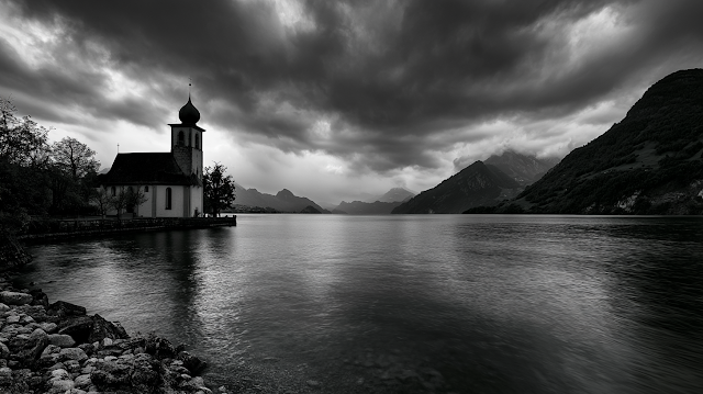 Moody Black and White Alpine Church by Lake Lucerne